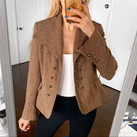🍂 H&M BROWN HERRINGBONE WOOL BLEND BLAZER JACKET! - Picture 6 of 15